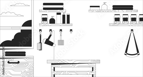 Pet grooming salon interior black and white line illustration. Professional service. Animal groomer workplace with tools 2D interior monochrome background. Interior design outline scene vector image