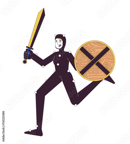 Warrior actress in mo-cap costume 2D linear cartoon character. Historical movie actor with armor isolated line vector person white background. Motion capture technology color flat spot illustration