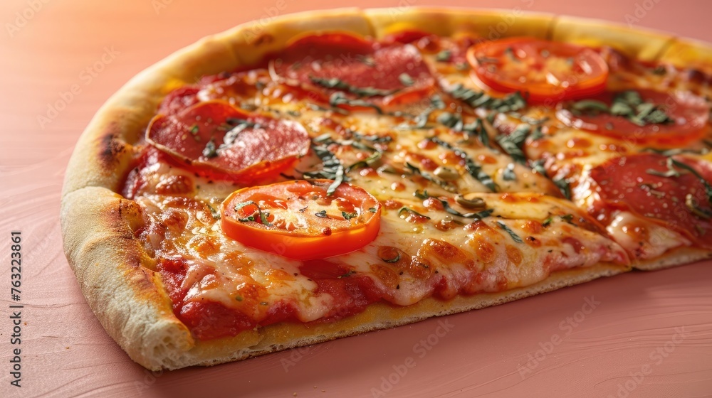 Mouthwatering Homemade Italian Pizza with Melted Cheese, Tomatoes, and Fresh Herbs on Wooden Table