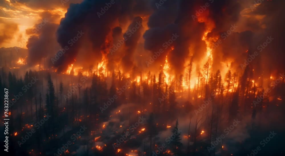 Wildfire raging through a forest, destroying habitats and emitting harmful gases Wildfire raging through a forest, destroying habitats and emitting harmful gases