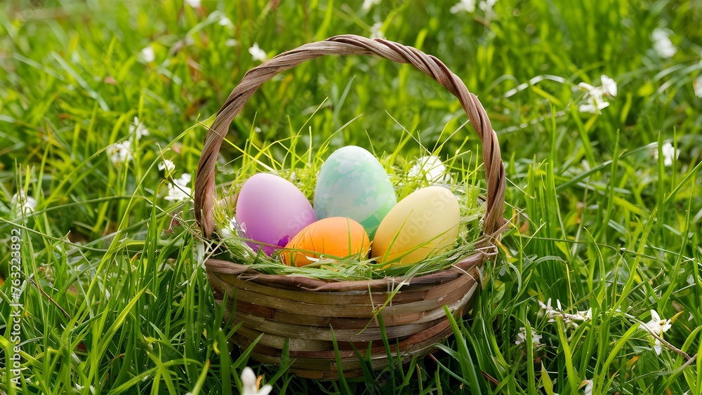 Rustic Easter basket nestled in a bed of green grass and dainty blossoms