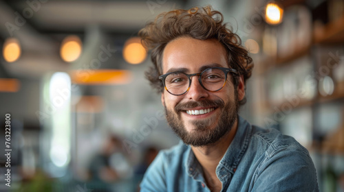 Portrait of a happy curly man in the office. The concept of co-working and casual wear