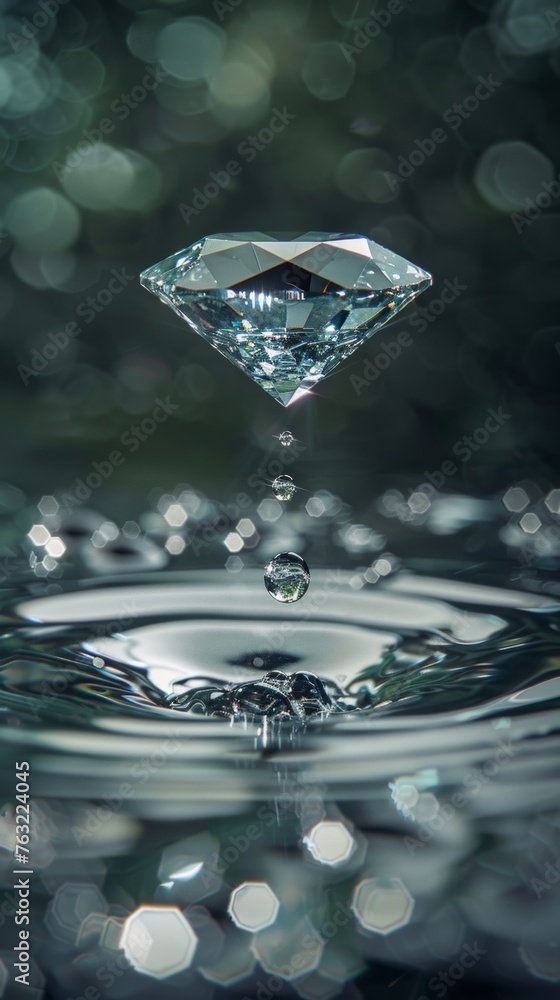 Diamond above water surface with droplets and bokeh background Diamond above water surface with droplets and bokeh background