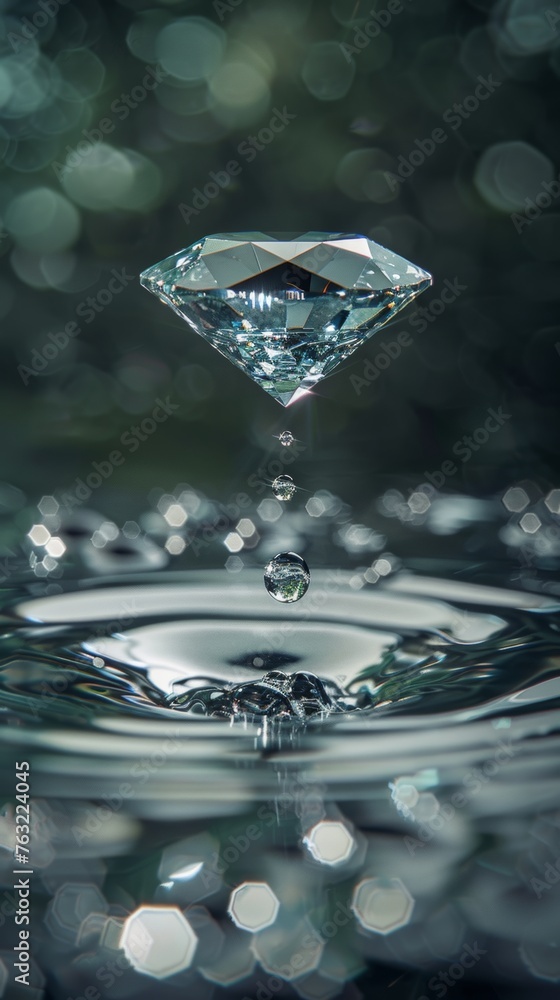 Diamond above water surface with droplets and bokeh background