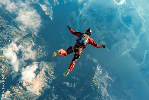 A skydiver soars through the sky  circling at high altitude in a free-fall attitude
