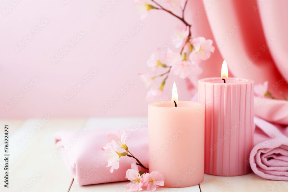 Lighted scented candles and flowers on a pastel pink background.  Horizontal banner on the spa  and aromatherapy theme. Template with free space for text.