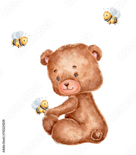 Fluffy bear and bee  watercolor hand drawn illustration © Нина Новикова