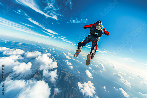 A skydiver soars in circling at high altitude in the sky
