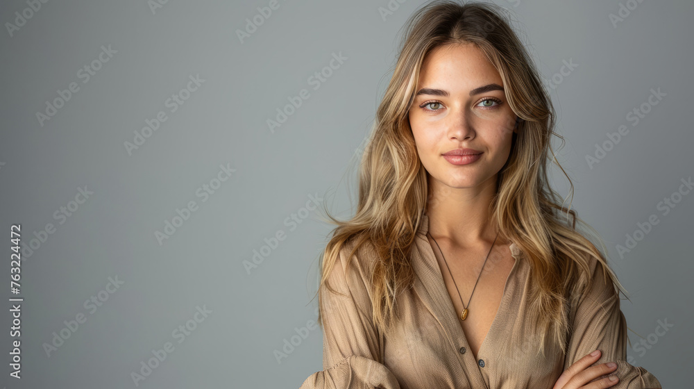 Fototapeta premium Pretty smiling joyfully female with fair hair, dressed casually, looking with satisfaction at camera, being happy. Studio shot of good-looking beautiful woman isolated against blank studio wall.