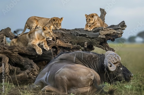Lions Resting on a Fallen Tree Above an Unperturbed Buffalo © Studio PRZ
