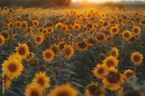 Sunflower field at sunset. Beautiful summer landscape with sunflowers.