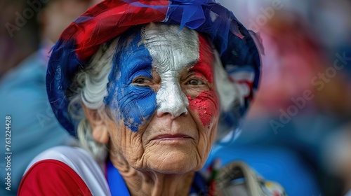 Olympic paris passionate elderly sports fan with patriotic face paint and hat 2024 games