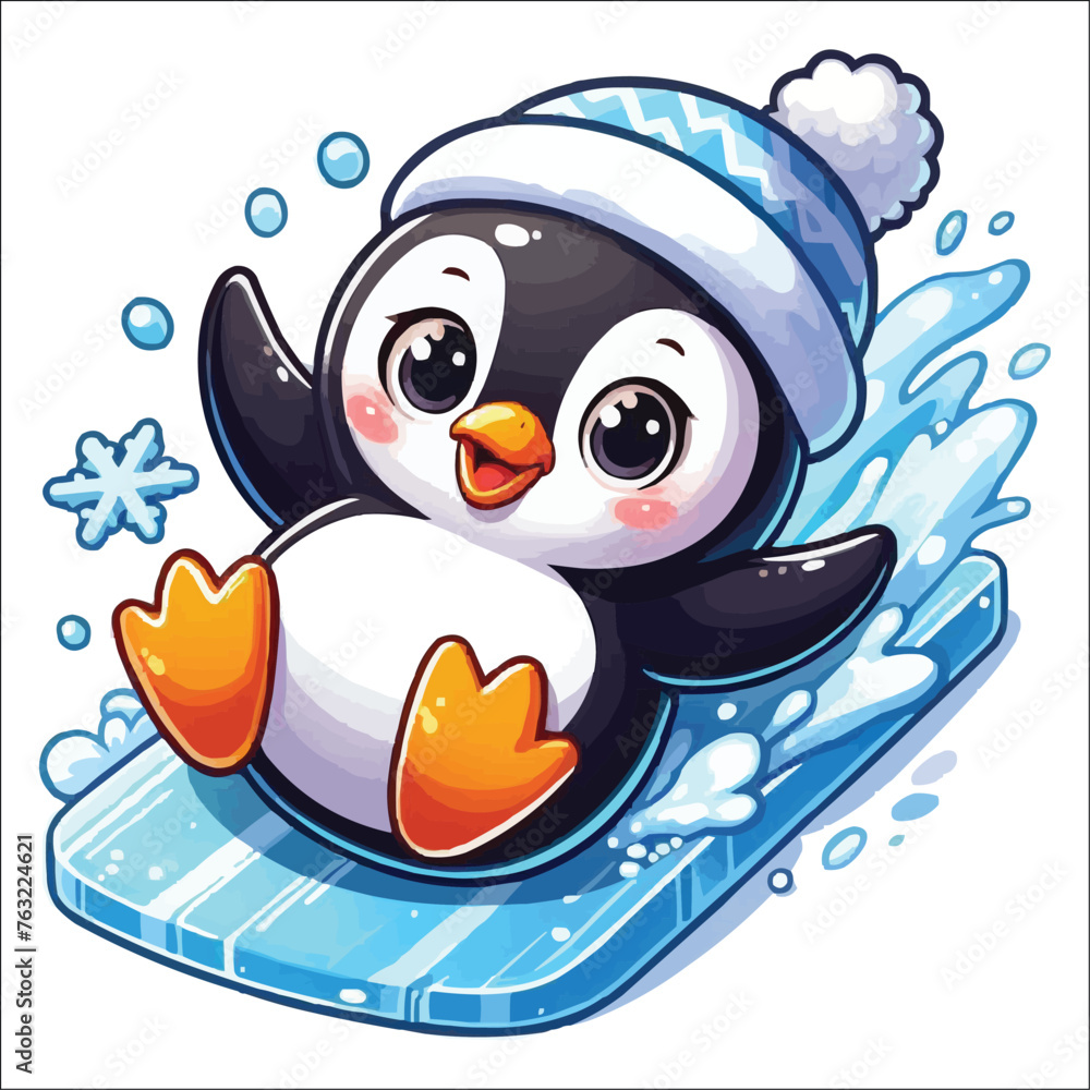 Obraz premium Penguin Sliding on Ice vector illustration isolated on white background