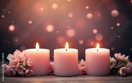 Lighted scented candles and flowers on a pastel pink background. Horizontal banner on the spa and aromatherapy theme. Template with free space for text.