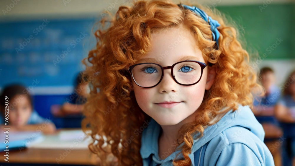 Cute elementary school student girl in the classroom