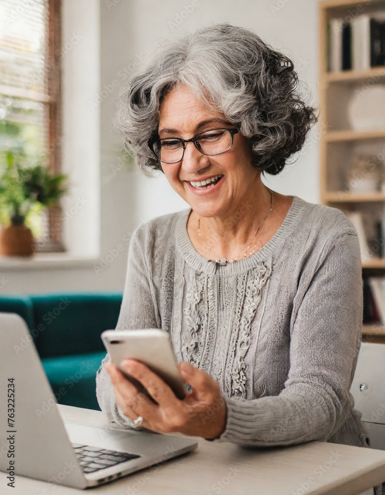 Joyful happy older woman working from home using a smart phone and laptop computer. Mature lady comfortable with technology. Joyful happy older woman working from home using a smart phone and laptop computer. Mature lady comfortable with technology.
