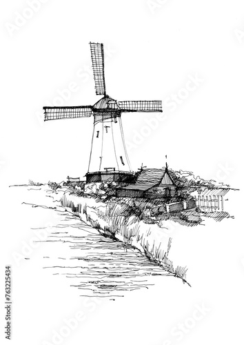 Sketch of windmill and river