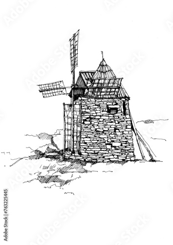 Drawing sketch of ancient windmill 