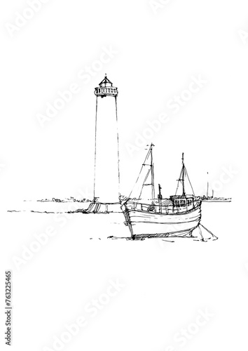 Sketch og lighthouse and boat