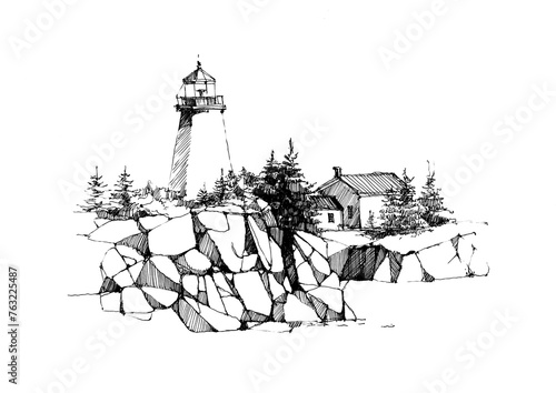 Drawing sketch of lighthouse and stone