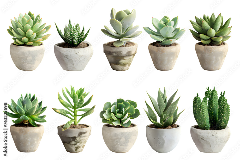 Fototapeta premium Array of succulent plants in pots isolated on white or transparent background