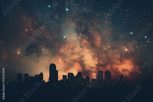 A city skyline silhouette with smoke and fog under a starry night sky