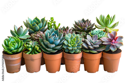 Array of succulent plants in pots isolated on white or transparent background