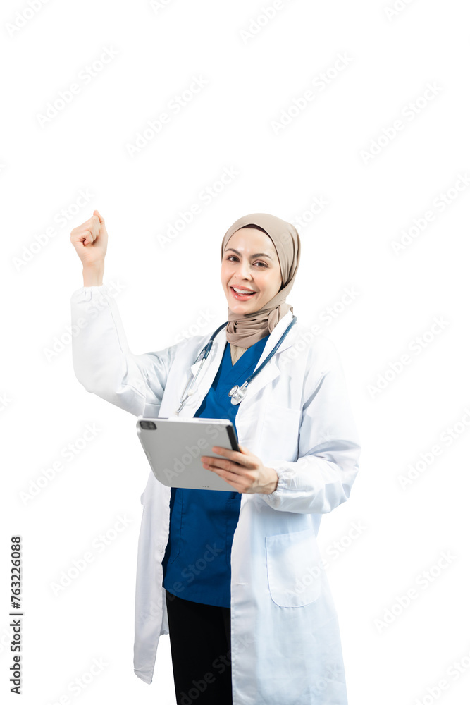 Muslim Arab person. The face of a female doctor on an isolated white background. Muslim Arab person. The face of a female doctor on an isolated white background.