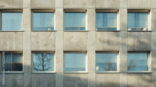Facade of a modern building with windows and tree reflection
