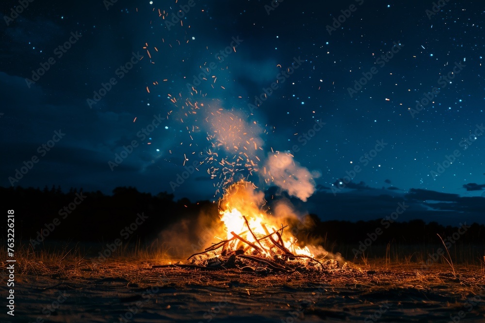 Crackling bonfire with smoke rising into a clear night sky filled with stars