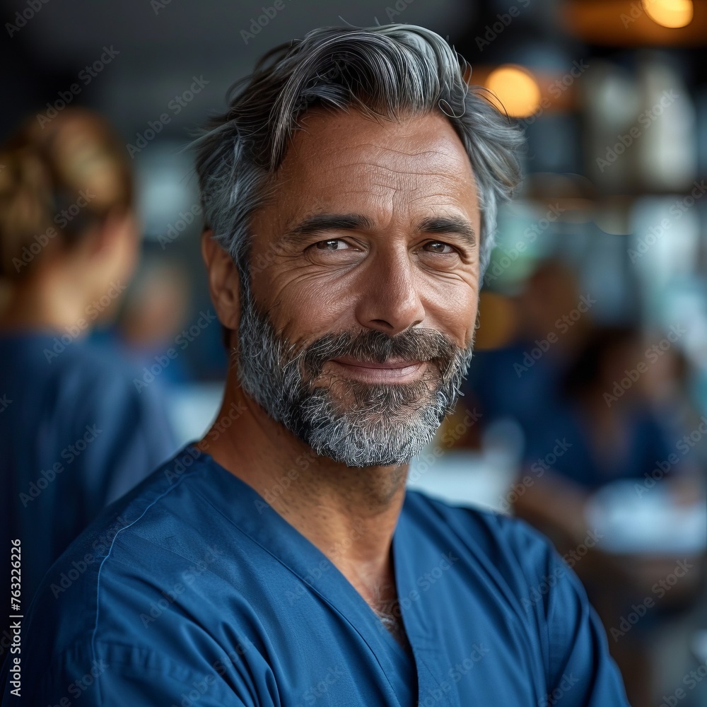 A portrait of a happy middle-aged male doctor in scrubs standing and smiling with his team behind him at the hospital, in a wide shot with soft light and natural colors A portrait of a happy middle-aged male doctor in scrubs standing and smiling with his team behind him at the hospital, in a wide shot with soft light and natural colors