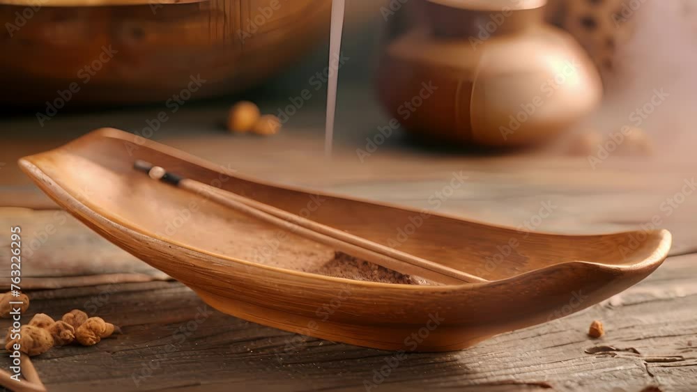 A close up of a wooden incense holder with a stick of fragrant incense burning and emanating smoke. The image invokes a sense of traditional rituals and practices for purifying A close up of a wooden incense holder with a stick of fragrant incense burning and emanating smoke. The image invokes a sense of traditional rituals and practices for purifying