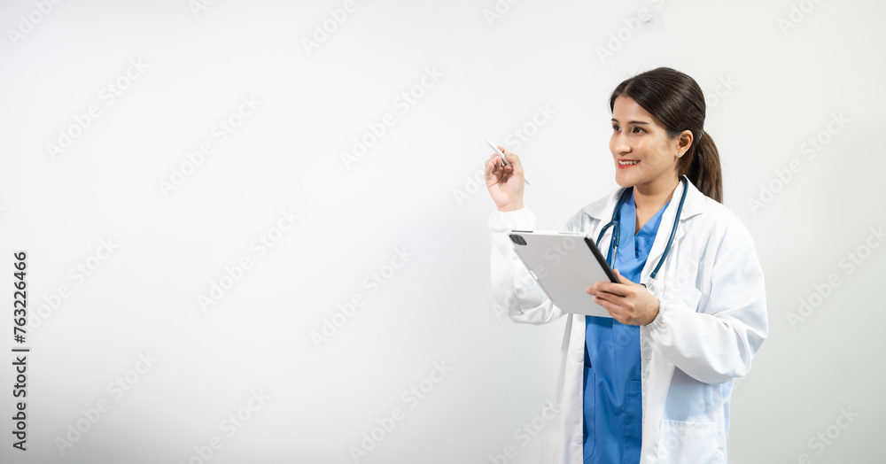 Muslim Arab person. The face of a female doctor on an isolated white background.