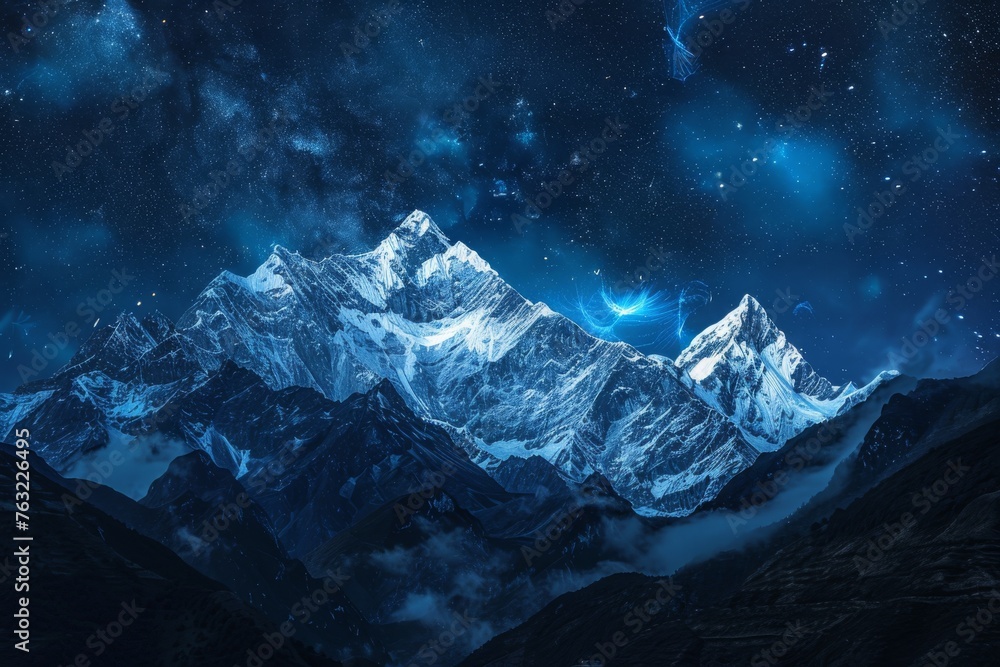 Majestic mountains capped with snow under a starry night sky with curls of smoke Majestic mountains capped with snow under a starry night sky with curls of smoke