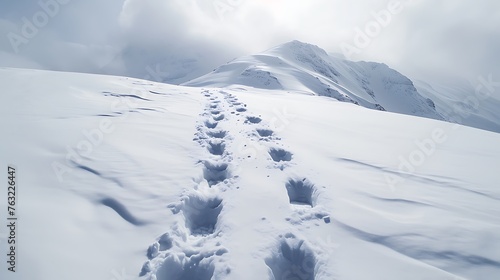 A snowy mountain trail with converging footprints, disappearing into the snowy landscape towards the vanishing point