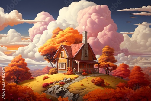 a house on a hill with trees and clouds