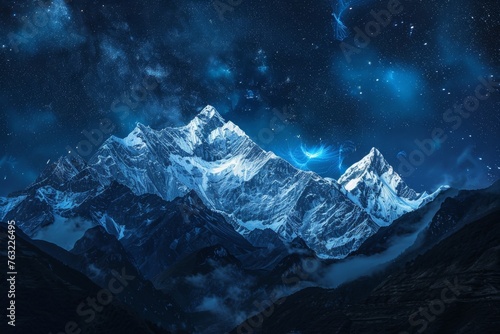 Majestic mountains capped with snow under a starry night sky with curls of smoke © furyon