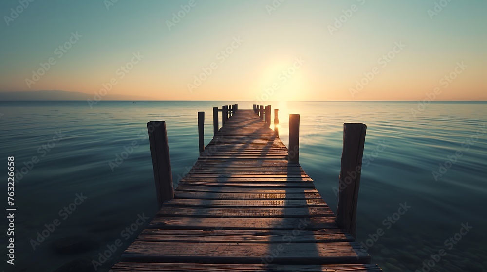 A sunlit pier extending into calm waters, its posts forming converging lines towards the  long distant horizon