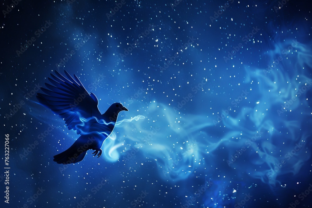 Silhouette of a dove with smoke trail under a starry night peace symbol - obrazy, fototapety, plakaty 
