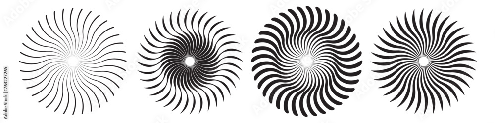 Radial circle lines. Circular radiating lines geometric element. Sun, star, rays symbol. Sunburst design elements collection. Abstract geometric shapes. Vector illustration on white background