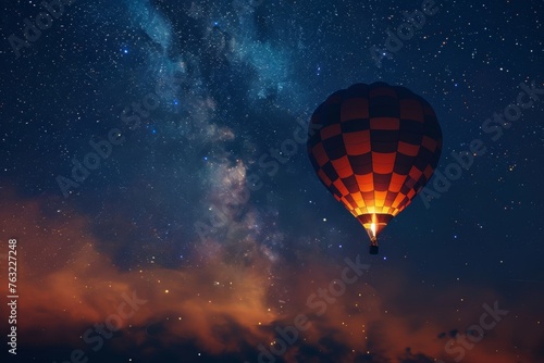 Silhouette of a hot air balloon with smoke patterns under a starry night tranquil flight.