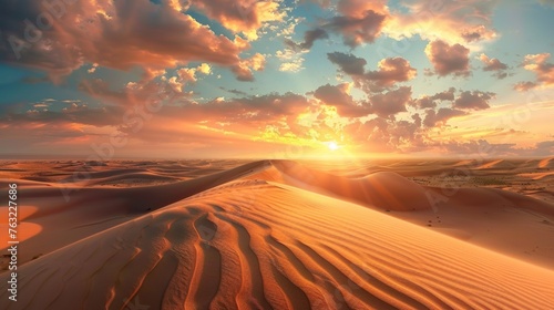 Sunset over desert dunes