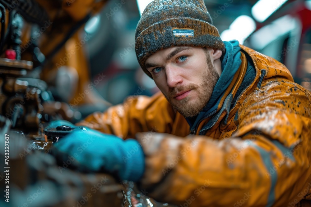 An employee is performing an oil change on a car An employee is performing an oil change on a car