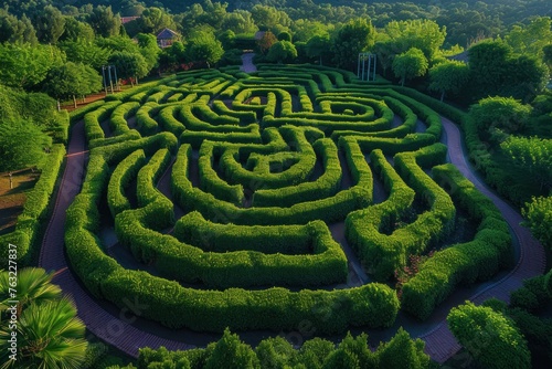 Aerial shot of a lush green maze garden  symbolizing problem-solving or adventure  for games or educational apps advertising