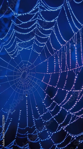 Close-up of a dew-covered spider web against a blue background