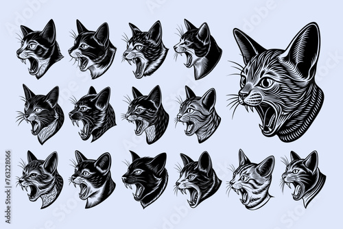 Adorable meowing russian blue cat head in side view design vector set