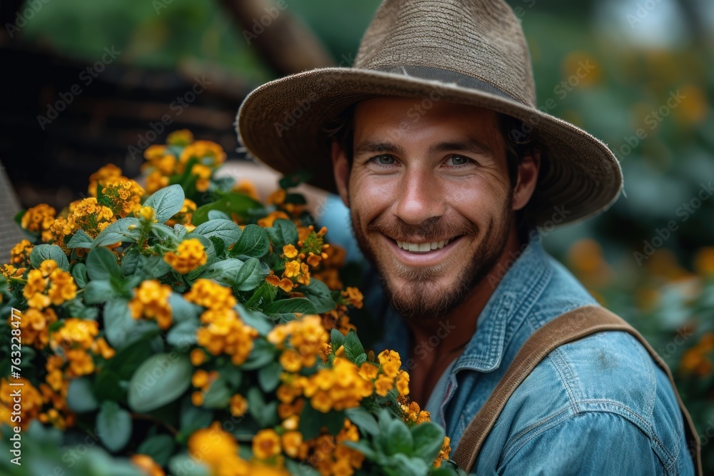 Happy farmer showcasing the bountiful yield of a successful harvest season