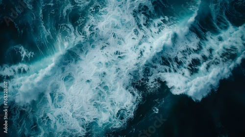 Aerial view of powerful ocean waves crashing captured from a drone showcasing the seas raw energy. Concept Nature Photography, Drone Footage, Ocean Waves, Aerial View, Raw Energy