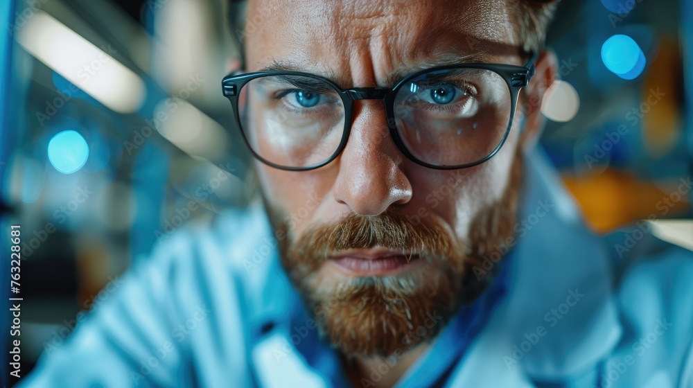 Modern electronics engineer with stressed facial expression, close up. Generative AI. Modern electronics engineer with stressed facial expression, close up. Generative AI.