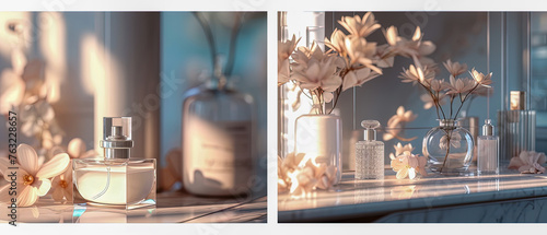 Two close-up shots of a bathroom vanity with various perfume bottles and vases